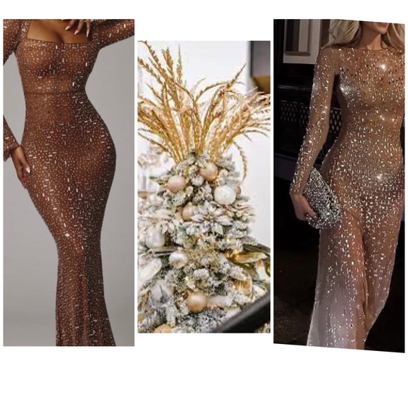 ‼️WOW‼️OhPolly Dress SEXY brown Mocha color LONG SLEEVE MAXI RHINESTONES DRESS‼️ - Picture 10 of 11